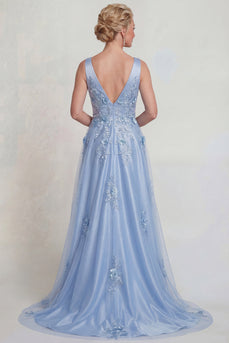 Sparkly Blue Floral V-Neck Satin A Line Long Mother of the Bride Dress