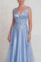 Load image into Gallery viewer, Sparkly Blue Floral V-Neck Satin A Line Long Mother of the Bride Dress