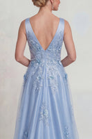 Load image into Gallery viewer, Sparkly Blue Floral V-Neck Satin A Line Long Mother of the Bride Dress