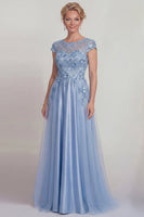Load image into Gallery viewer, Sparkly Blue Beaded Floral A Line Long Mother of the Bride Dress with Sleeves
