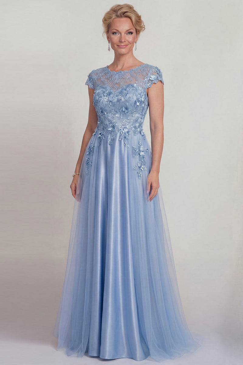 Load image into Gallery viewer, Sparkly Blue Beaded Floral A Line Long Mother of the Bride Dress with Sleeves