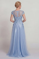 Load image into Gallery viewer, Sparkly Blue Beaded Floral A Line Long Mother of the Bride Dress with Sleeves