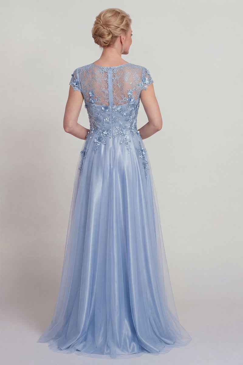 Load image into Gallery viewer, Sparkly Blue Beaded Floral A Line Long Mother of the Bride Dress with Sleeves