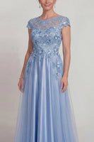 Load image into Gallery viewer, Sparkly Blue Beaded Floral A Line Long Mother of the Bride Dress with Sleeves
