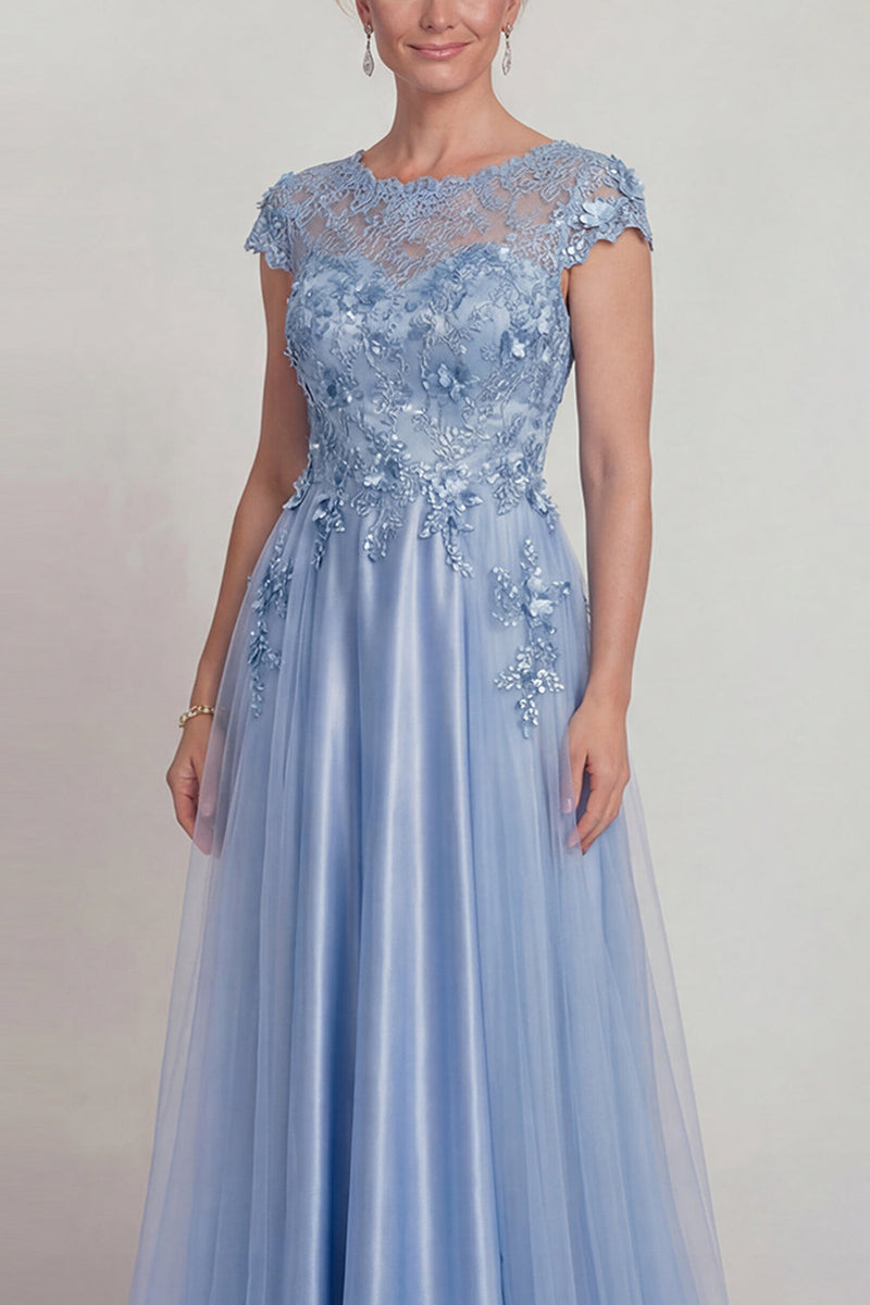 Load image into Gallery viewer, Sparkly Blue Beaded Floral A Line Long Mother of the Bride Dress with Sleeves