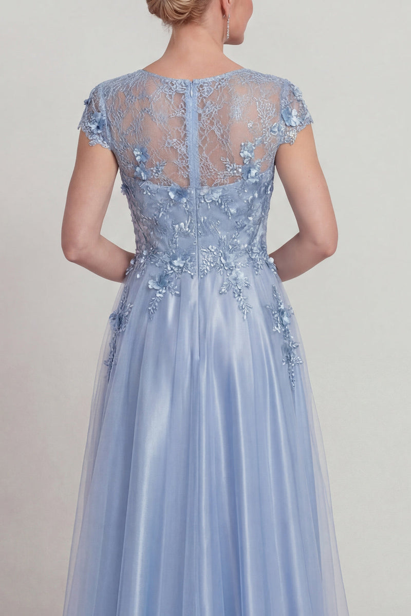 Load image into Gallery viewer, Sparkly Blue Beaded Floral A Line Long Mother of the Bride Dress with Sleeves
