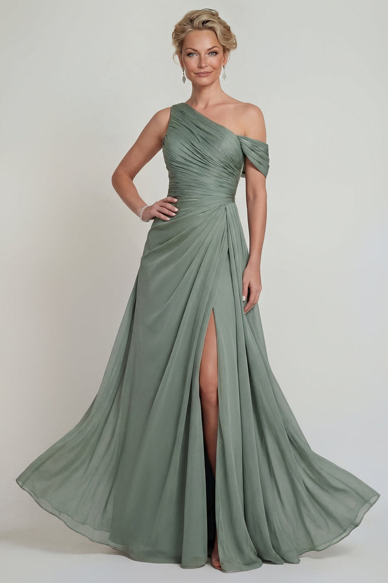 Load image into Gallery viewer, Dusty Sage A Line Long One Shoulder Evening Dress with Slit