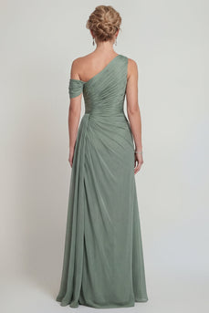 Dusty Sage A Line Long One Shoulder Evening Dress with Slit