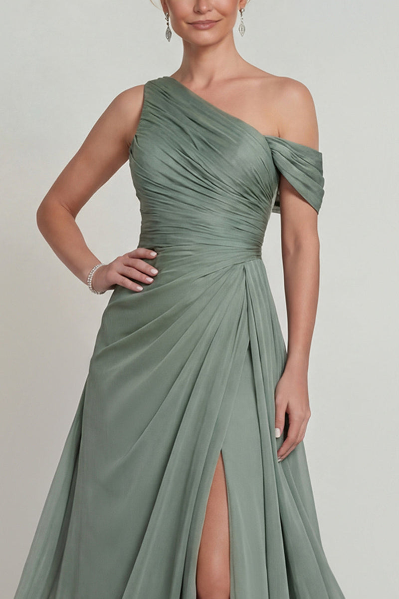 Load image into Gallery viewer, Dusty Sage A Line Long One Shoulder Evening Dress with Slit