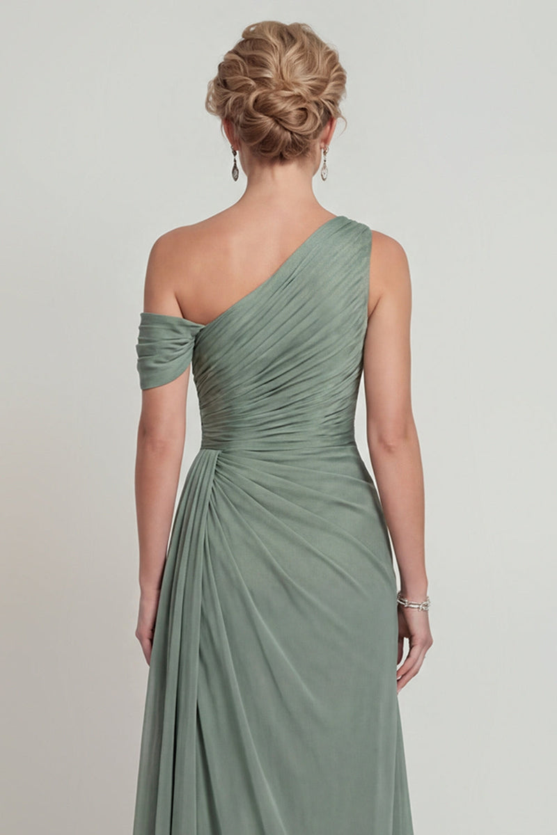 Load image into Gallery viewer, Dusty Sage A Line Long One Shoulder Evening Dress with Slit