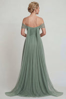 Load image into Gallery viewer, Dusty Sage Long Off the Shoulder A Line Evening Dress