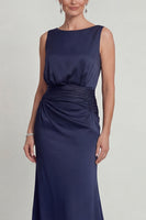 Load image into Gallery viewer, Mermaid Navy Long Bateau Neck Evening Dress