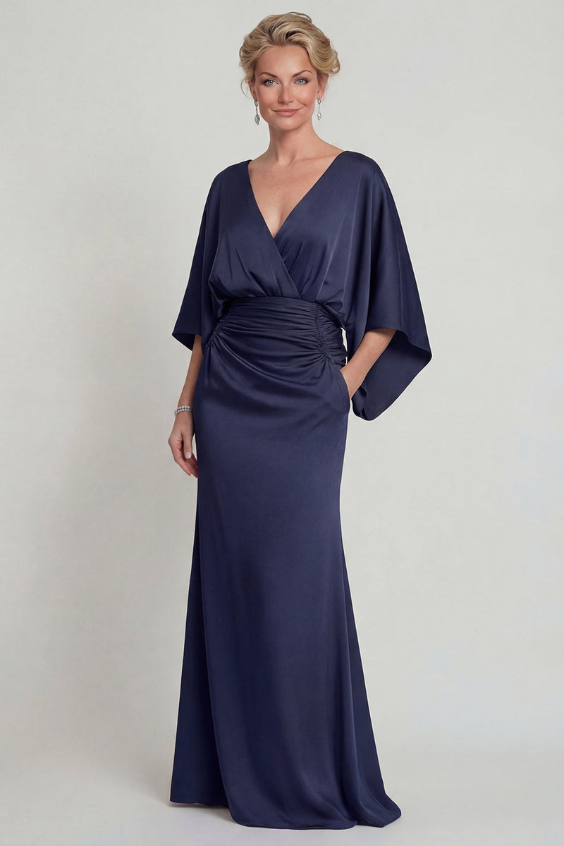 Load image into Gallery viewer, Navy Mermaid Long V Neck Evening Dress with Sleeves