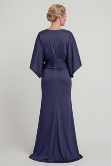 Navy Mermaid Long V Neck Evening Dress with Sleeves