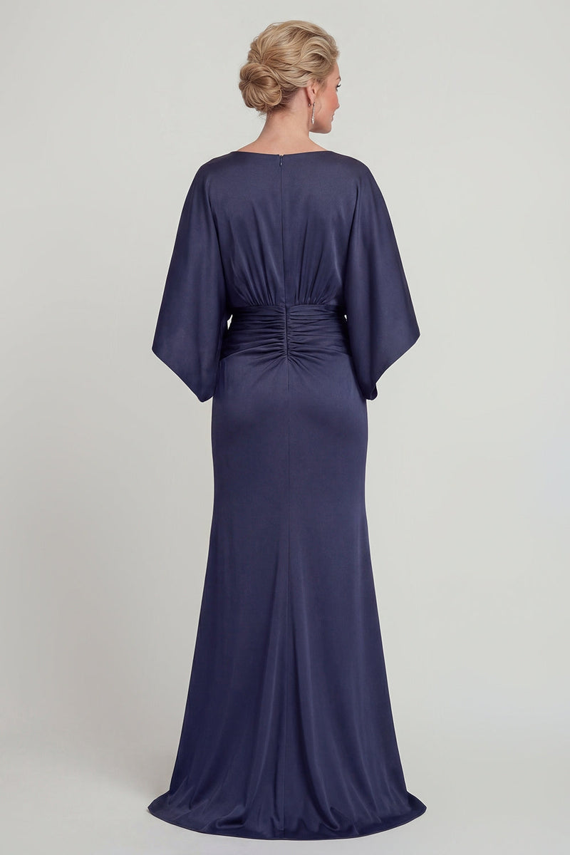 Load image into Gallery viewer, Navy Mermaid Long V Neck Evening Dress with Sleeves