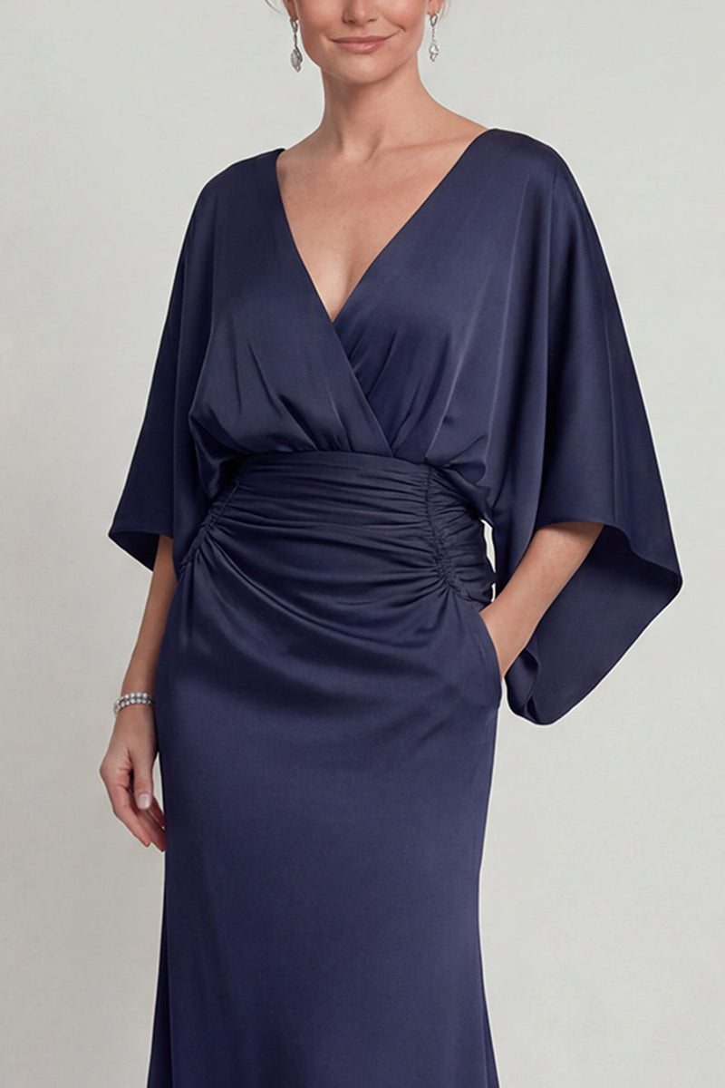 Load image into Gallery viewer, Navy Mermaid Long V Neck Evening Dress with Sleeves