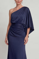 Load image into Gallery viewer, Navy Long Mermaid One Shoulder Evening Dress
