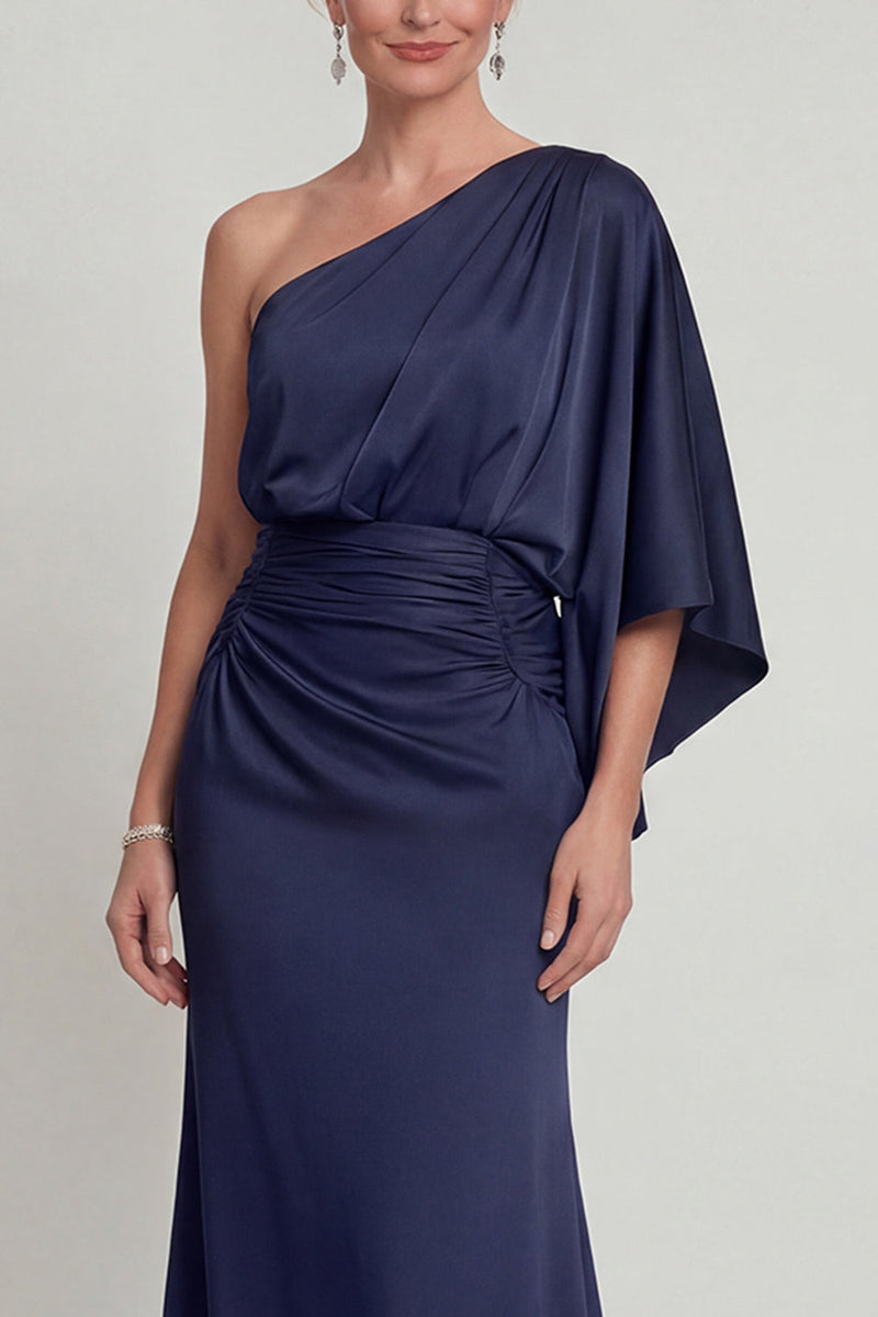 Load image into Gallery viewer, Navy Long Mermaid One Shoulder Evening Dress
