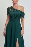 Load image into Gallery viewer, Dark Green Long Appliqued A Line Evening Dress with Slit