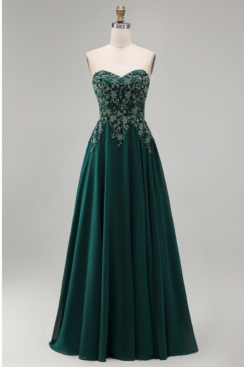 Load image into Gallery viewer, Sparkly Strapless Dark Green Beaded Long Evening Dress
