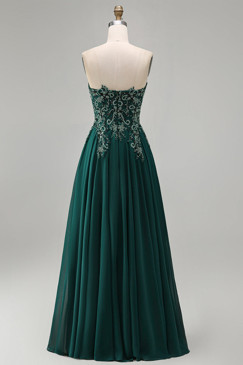 Load image into Gallery viewer, Sparkly Strapless Dark Green Beaded Long Evening Dress