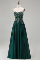 Load image into Gallery viewer, Sparkly Strapless Dark Green Beaded Long Evening Dress