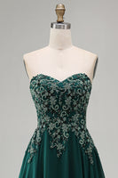 Load image into Gallery viewer, Sparkly Strapless Dark Green Beaded Long Evening Dress