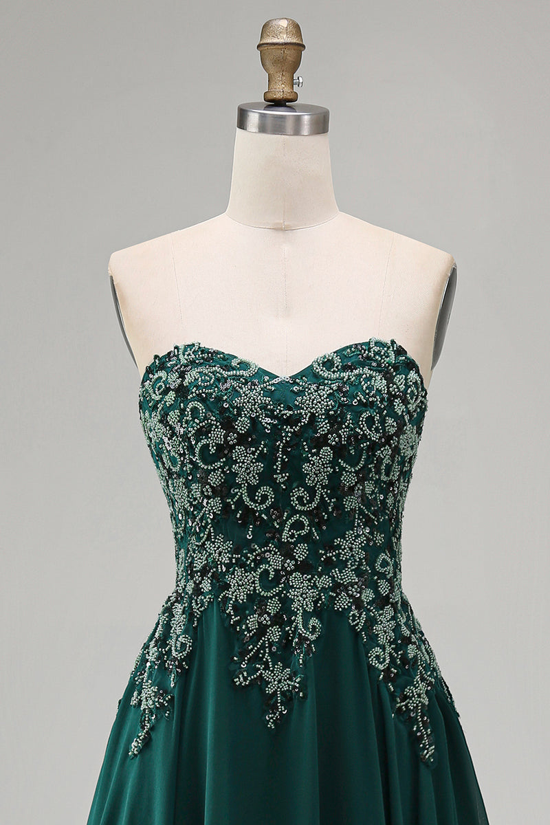 Load image into Gallery viewer, Sparkly Strapless Dark Green Beaded Long Evening Dress