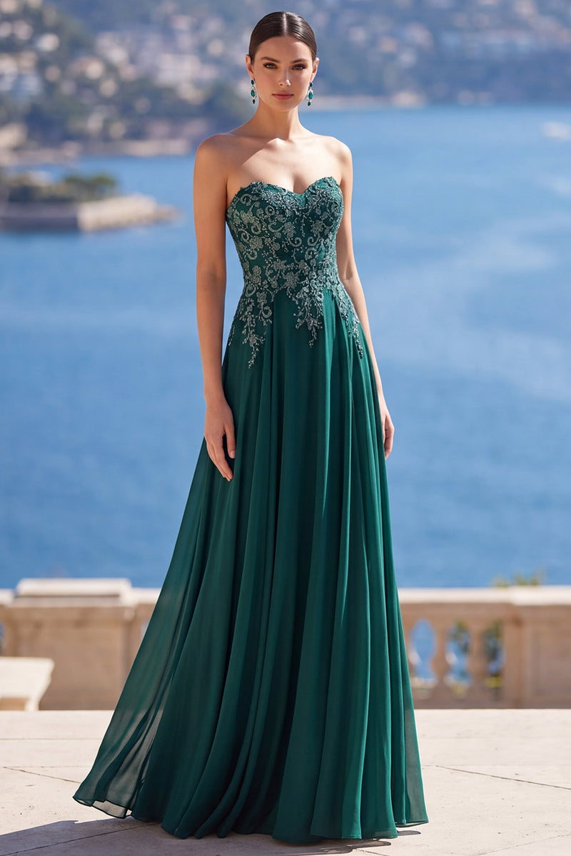 Load image into Gallery viewer, Sparkly Strapless Dark Green Beaded Long Evening Dress