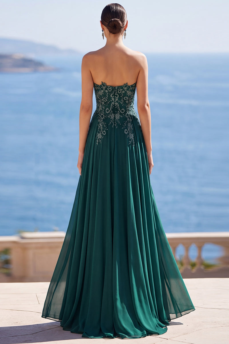 Load image into Gallery viewer, Sparkly Strapless Dark Green Beaded Long Evening Dress