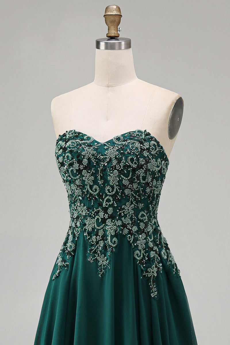 Load image into Gallery viewer, Sparkly Strapless Dark Green Beaded Long Evening Dress
