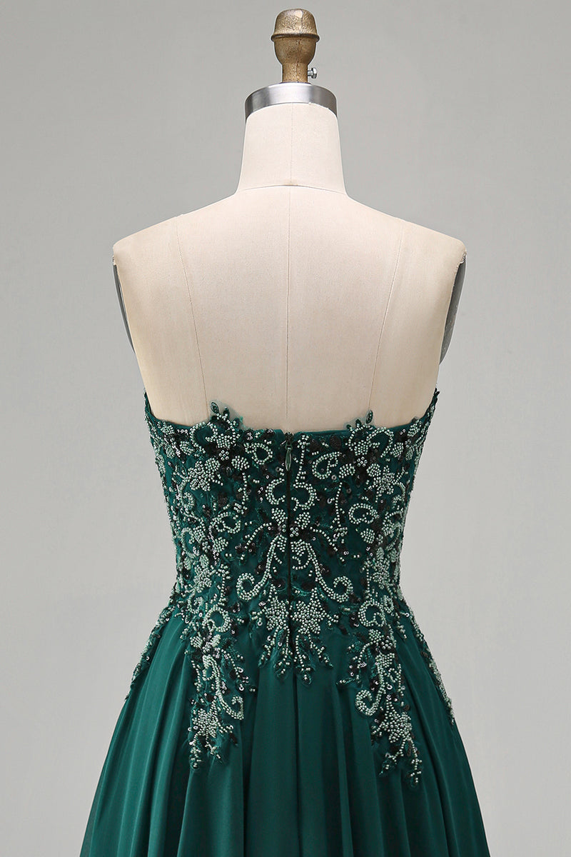 Load image into Gallery viewer, Sparkly Strapless Dark Green Beaded Long Evening Dress