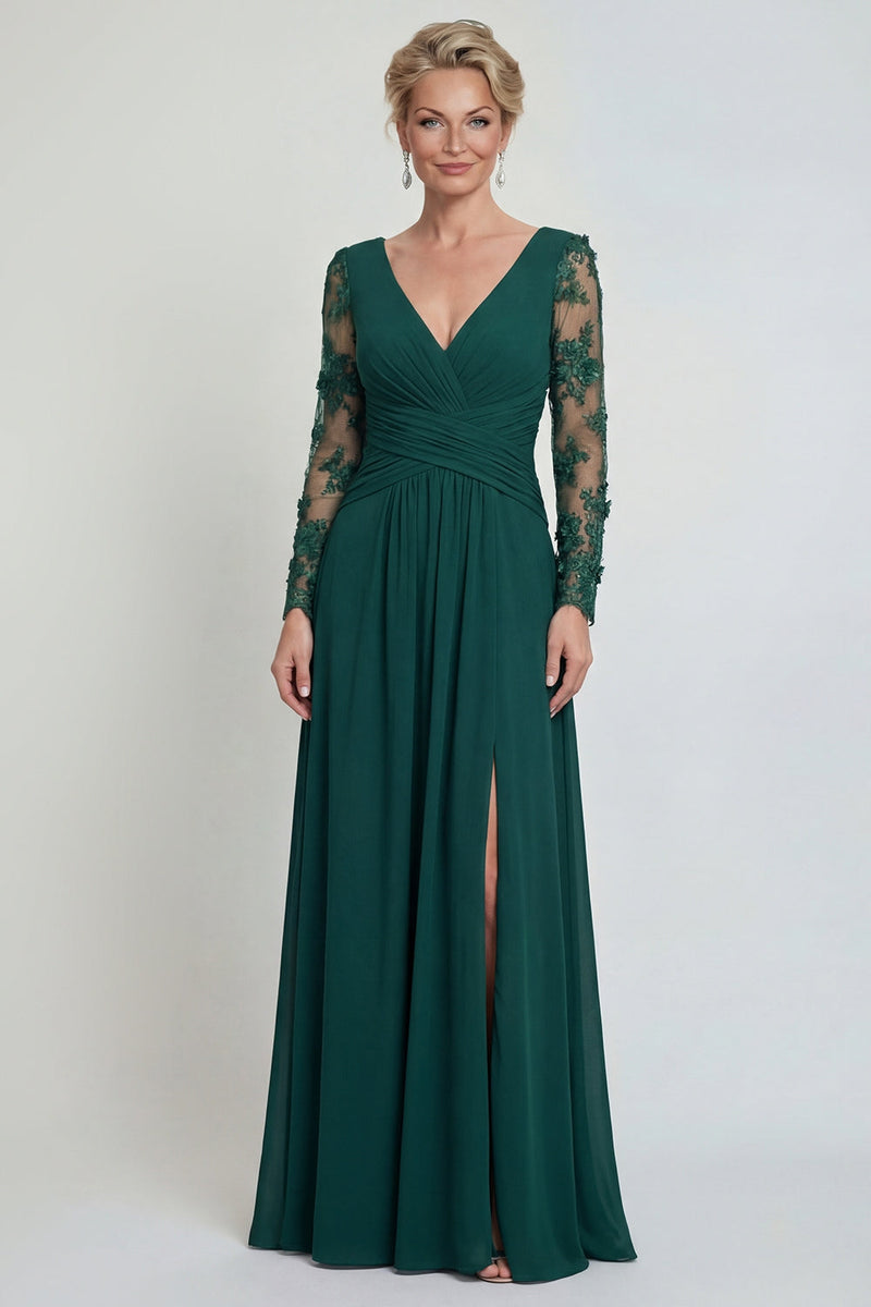Load image into Gallery viewer, Dark Green A Line Long V Neck Evening Dress with Sleeves
