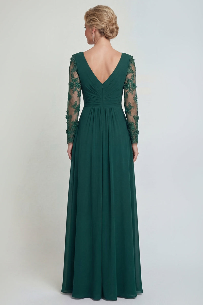 Load image into Gallery viewer, Dark Green A Line Long V Neck Evening Dress with Sleeves