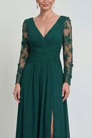Load image into Gallery viewer, Dark Green A Line Long V Neck Evening Dress with Sleeves