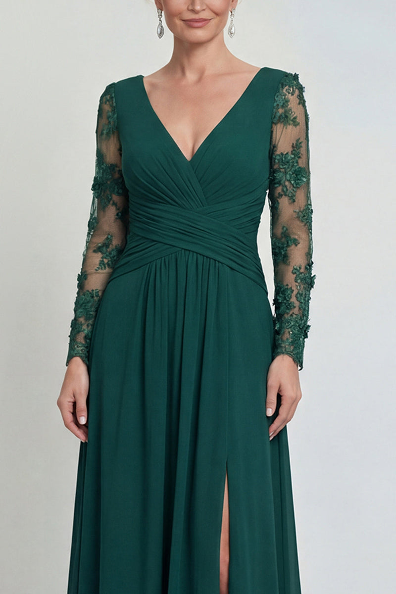 Load image into Gallery viewer, Dark Green A Line Long V Neck Evening Dress with Sleeves