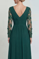 Load image into Gallery viewer, Dark Green A Line Long V Neck Evening Dress with Sleeves