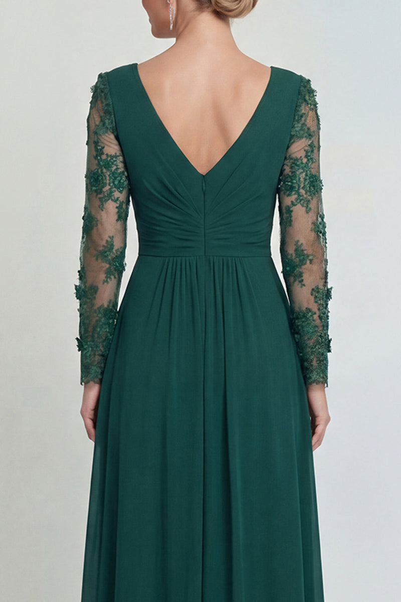 Load image into Gallery viewer, Dark Green A Line Long V Neck Evening Dress with Sleeves