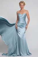 Load image into Gallery viewer, Blue Strapless Ruched Mermaid Long Evening Dress with Side Cape