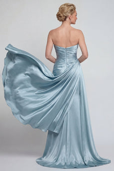 Blue Strapless Ruched Mermaid Long Evening Dress with Side Cape