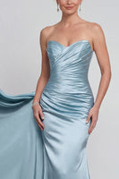 Load image into Gallery viewer, Blue Strapless Ruched Mermaid Long Evening Dress with Side Cape