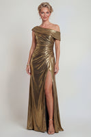 Load image into Gallery viewer, Golden One Shoulder Long Mermaid Metallic Evening Dress