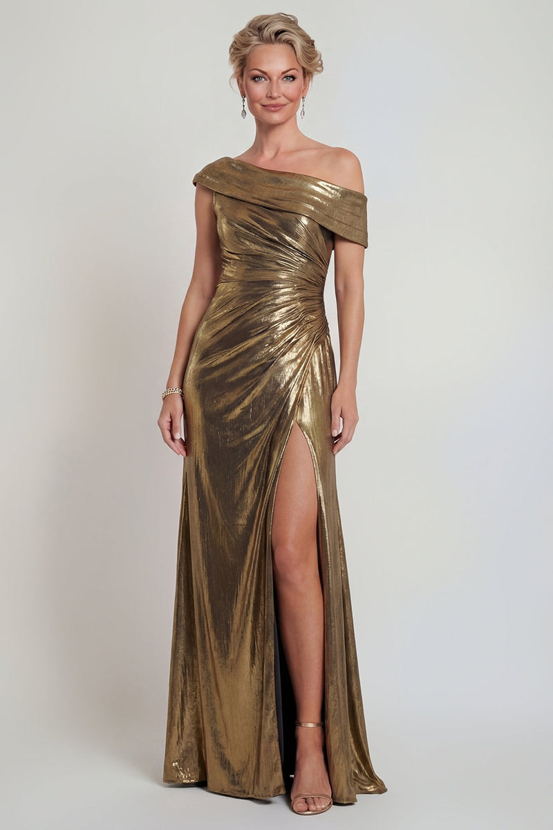 Load image into Gallery viewer, Golden One Shoulder Long Mermaid Metallic Evening Dress