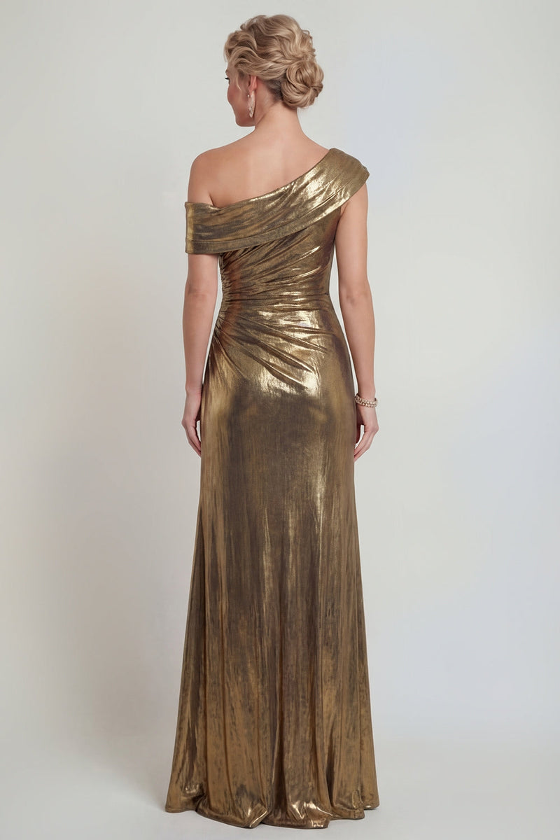 Load image into Gallery viewer, Golden One Shoulder Long Mermaid Metallic Evening Dress