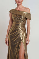 Load image into Gallery viewer, Golden One Shoulder Long Mermaid Metallic Evening Dress