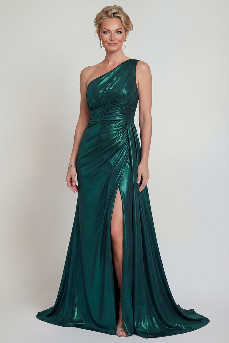 Load image into Gallery viewer, Dark Green Long Metallic Sheath One Shoulder Evening Dress with Slit