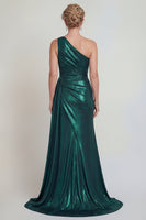 Load image into Gallery viewer, Dark Green Long Metallic Sheath One Shoulder Evening Dress with Slit