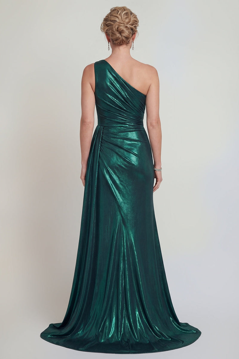 Load image into Gallery viewer, Dark Green Long Metallic Sheath One Shoulder Evening Dress with Slit