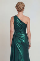 Load image into Gallery viewer, Dark Green Long Metallic Sheath One Shoulder Evening Dress with Slit