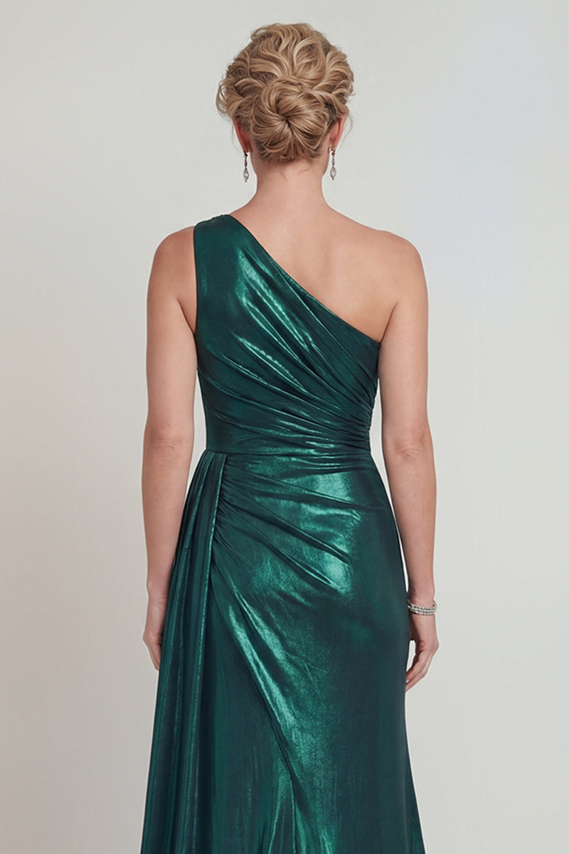 Load image into Gallery viewer, Dark Green Long Metallic Sheath One Shoulder Evening Dress with Slit